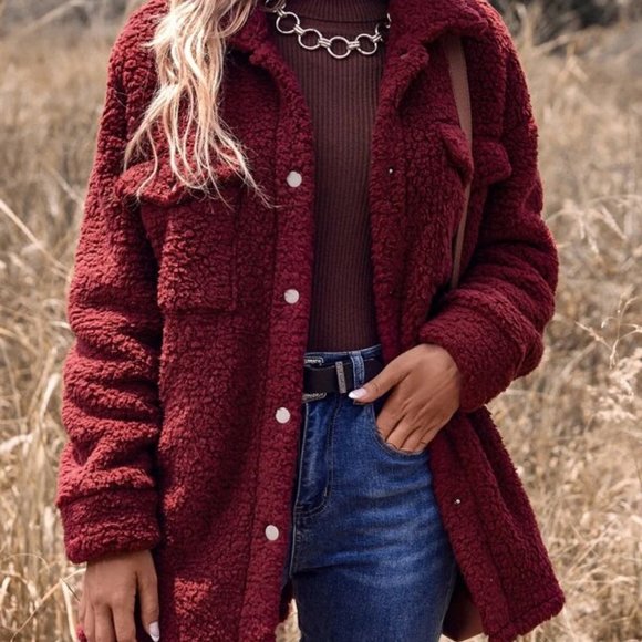 MODA ME COUTURE Jackets & Blazers - Burgundy Flap Pocket Drop Shoulder Casual Faux fur Teddy Coat